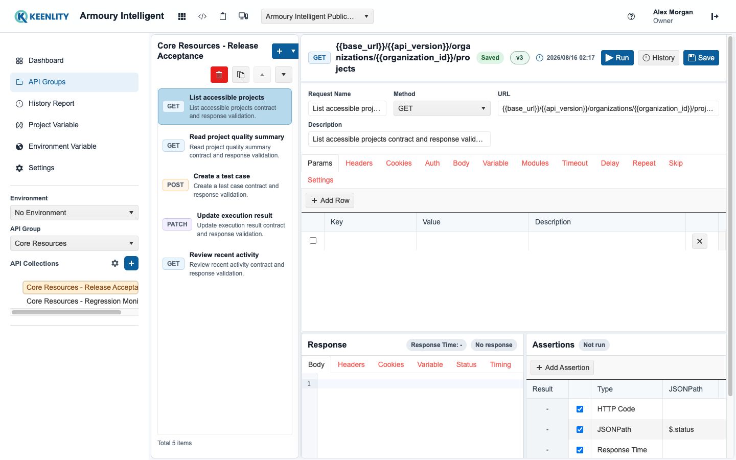 Armoury API request, response, and assertion workspace
