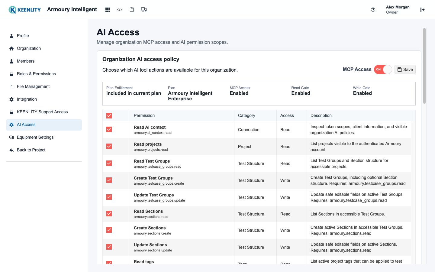Armoury MCP access policy and audited tool activity