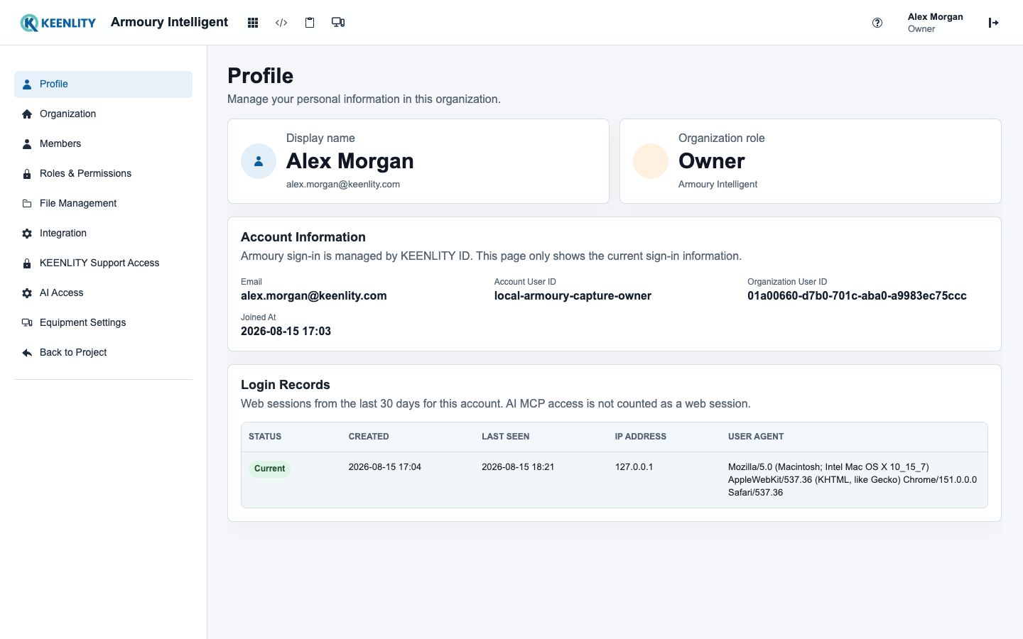 Armoury profile showing the KEENLITY ID identity and active sessions