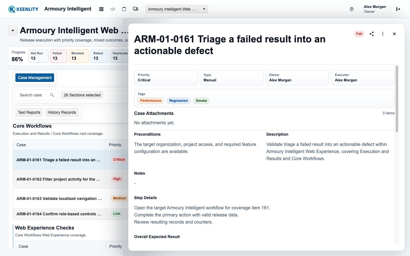 Armoury release regression Test Run with execution progress and results